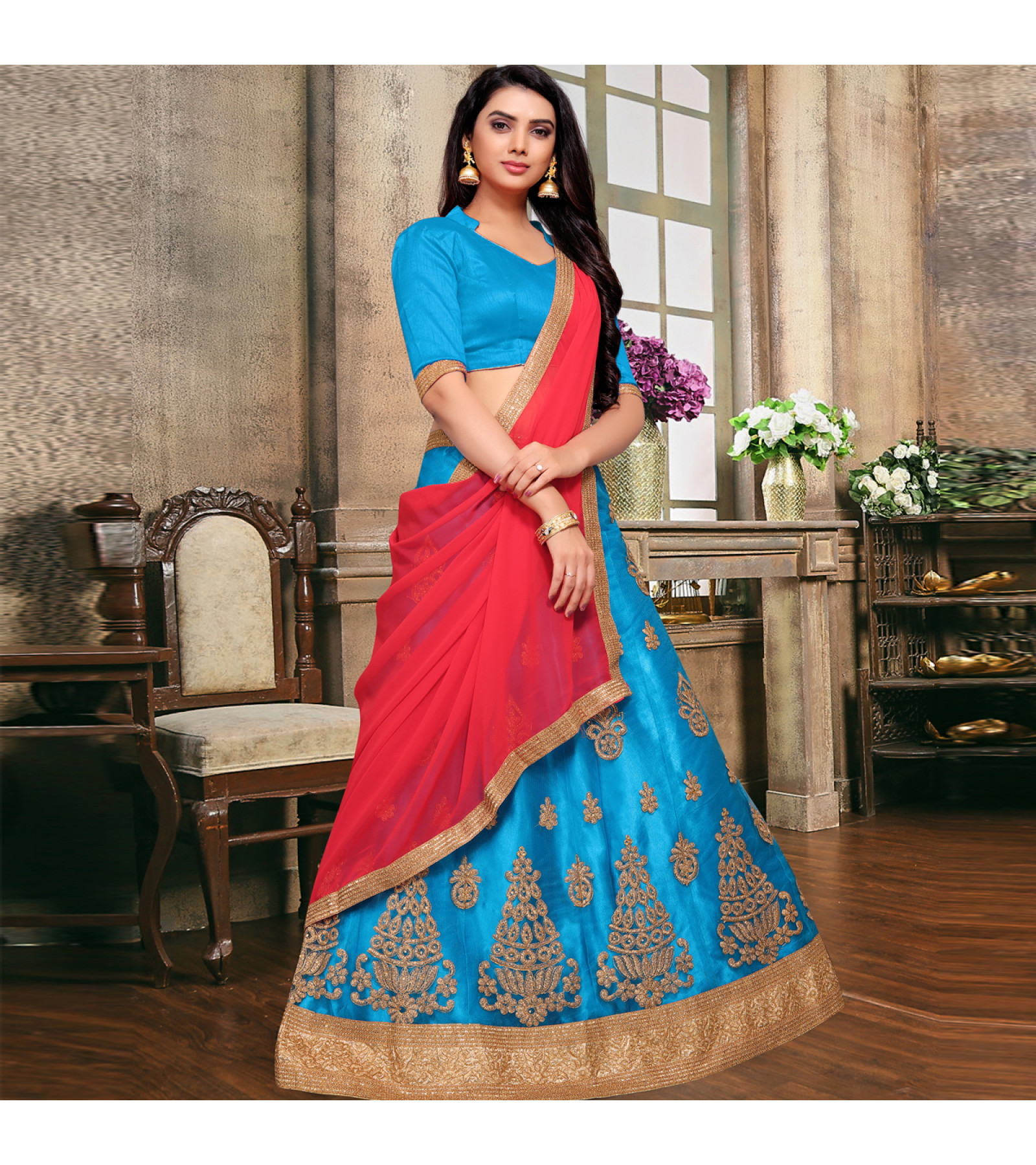 Stylish blue coloured soft lehanga with thread work