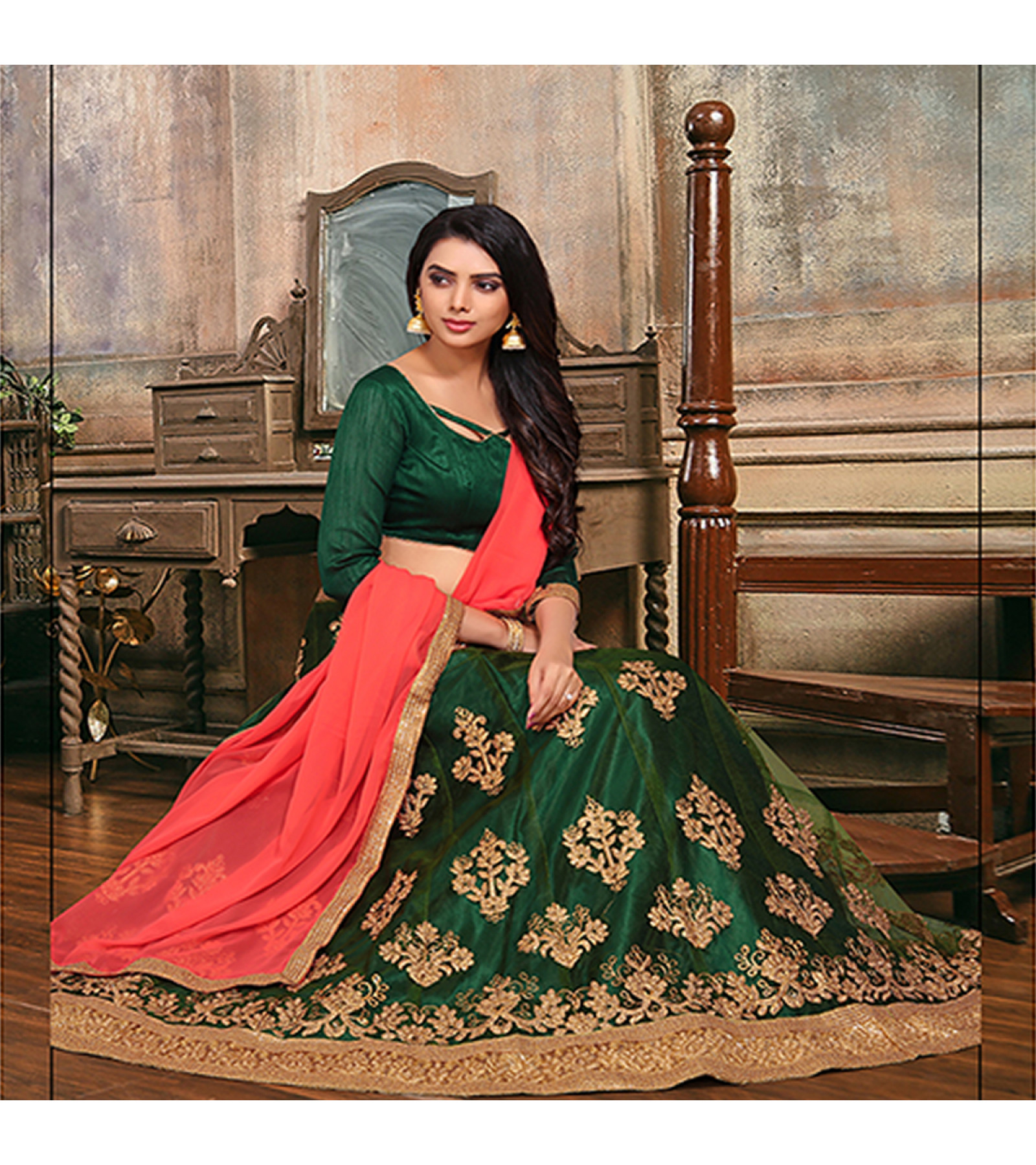Traditional green coloured soft lehanga with thread work